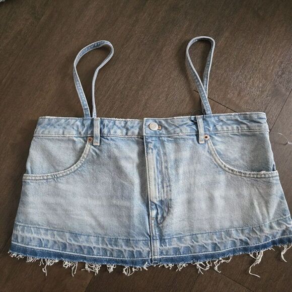 ZARA Cropped Denim Spaghetti Strap Size M Jean Tank Top - Picture 1 of 6